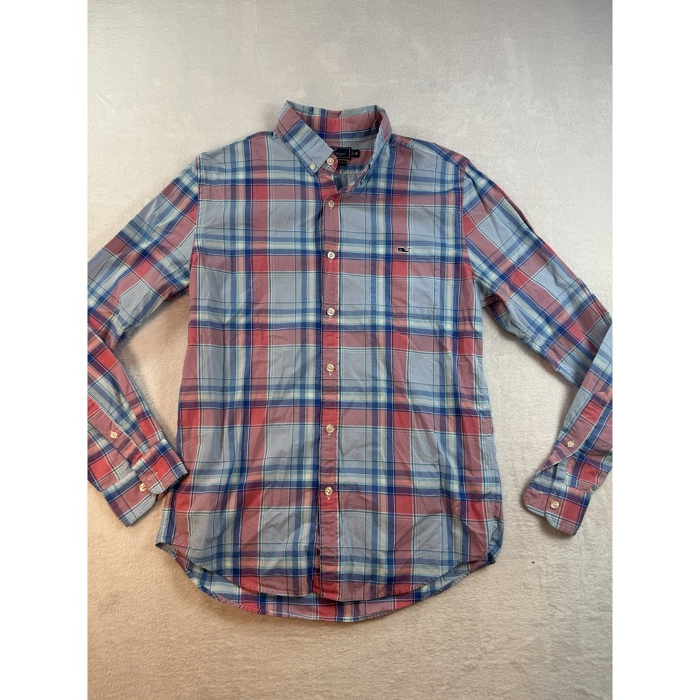 Vineyard Vines Men's Medium Pink Blue Long Sleeve Slim Fit Whale Shirt
